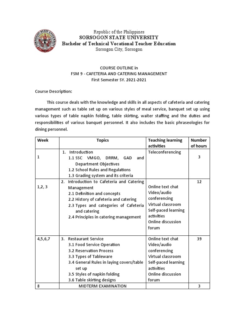 Course Outline CCM PDF Foodservice Restaurants