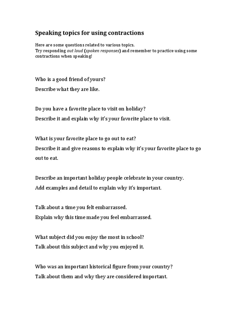 Contraction Practice Speaking Topics | PDF