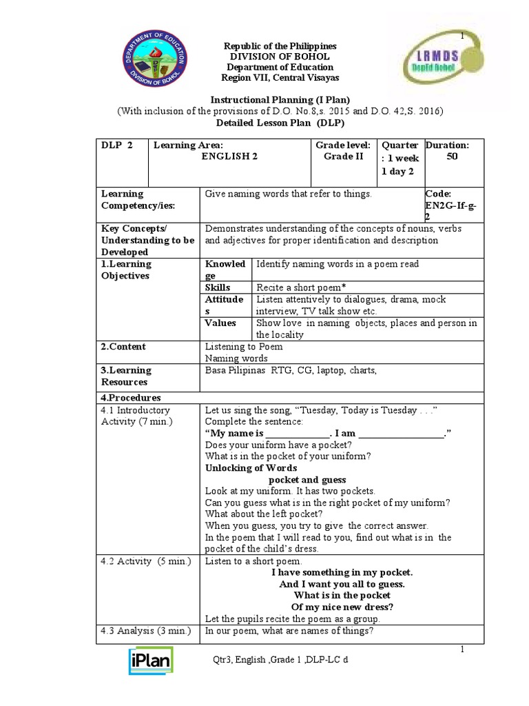 Eng2 q1 w1 Day2 | PDF | Learning | Teachers