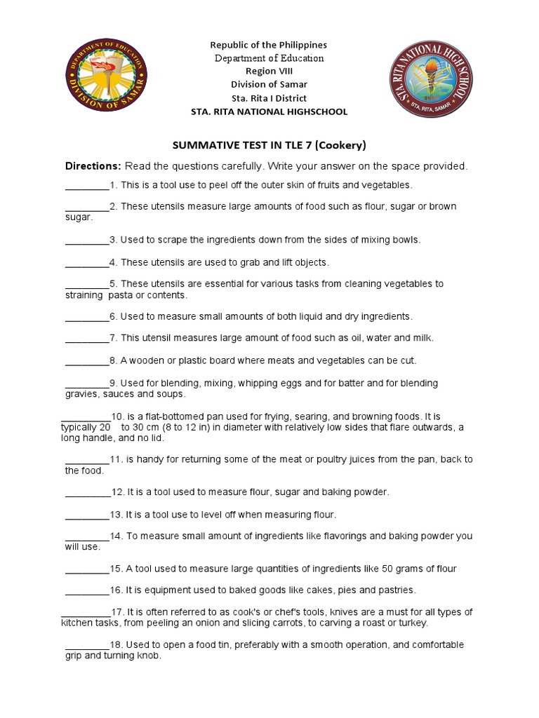 Summative Test Cookery7 Pdf Baking Kitchen Utensil