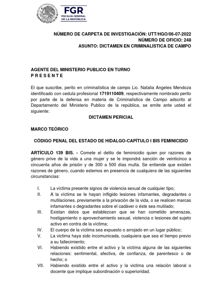Dictamen en Criminalistica de Campo.. | PDF | Crímenes | Crimen y violencia