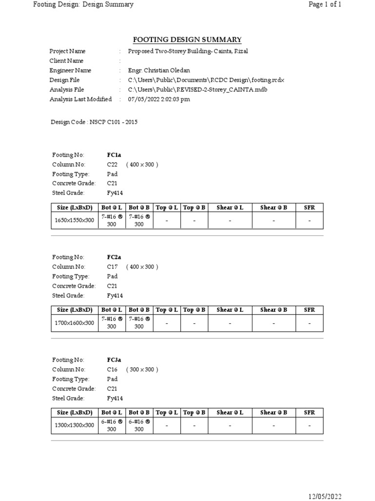 Footing Design Summary | PDF | Technology & Engineering