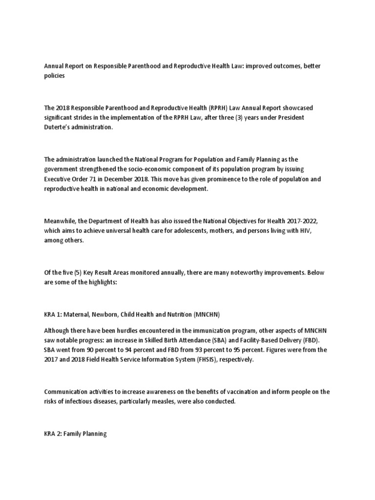 Annual Report On Responsible Parenthood and Reproductive Health Law ...