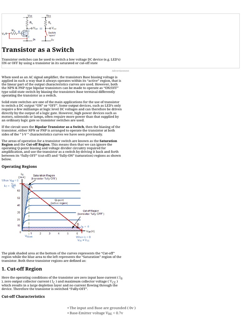 Transistor As A Switch Using Transistor Switching Circuit Diagram