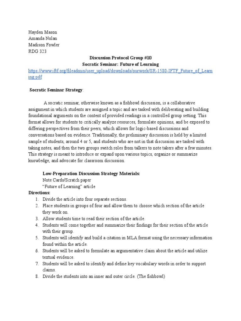 RDG 323 Discussion Protocol Assignment 1 PDF Human Communication