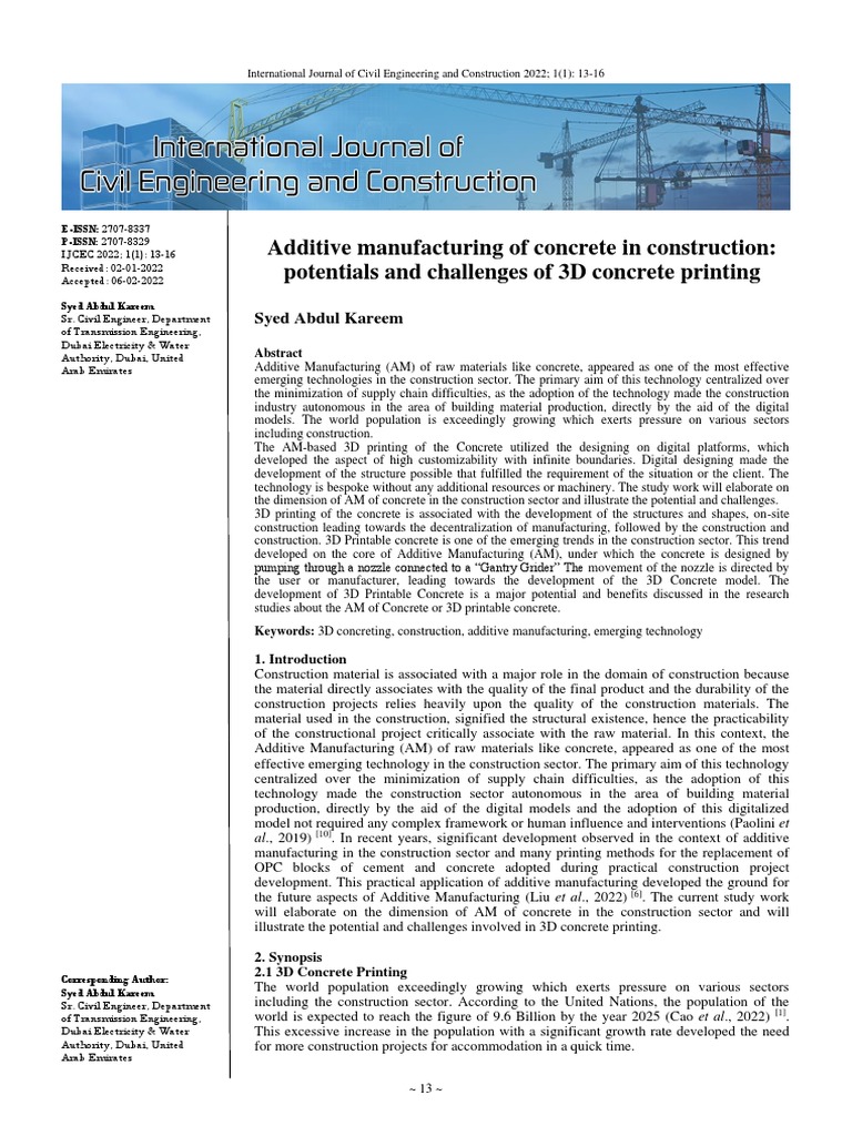 Additive Manufacturing of Concrete in Construction Potentials and