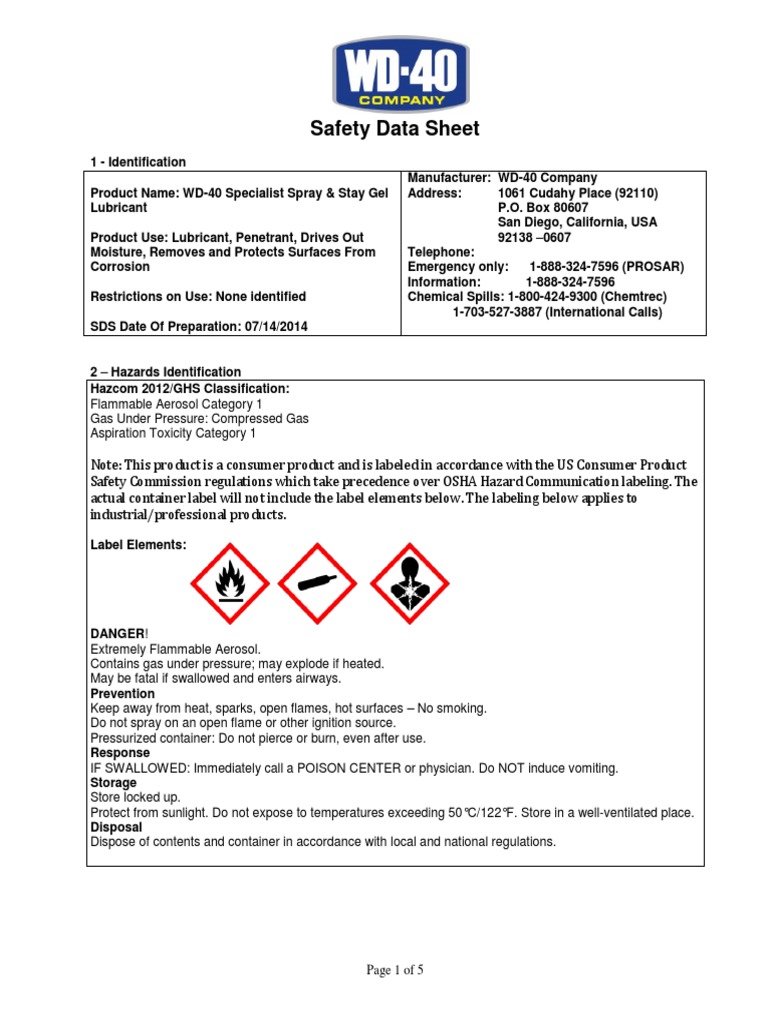WD-40 Specialist SDS Overview | PDF | Toxicity
