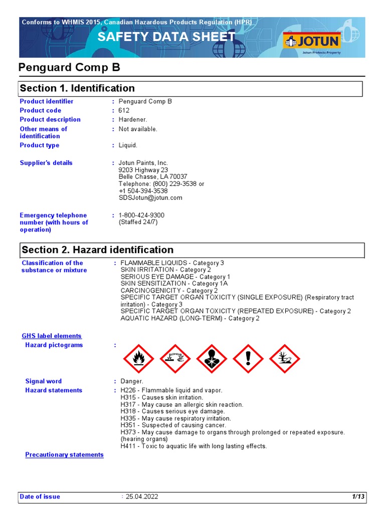Jotun Penguard Comp B Safety Data Sheet | PDF | Toxicity | Chemistry