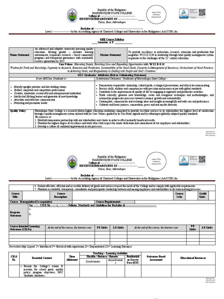 OBE Course Syllabus Template | PDF | Learning | Quality Management