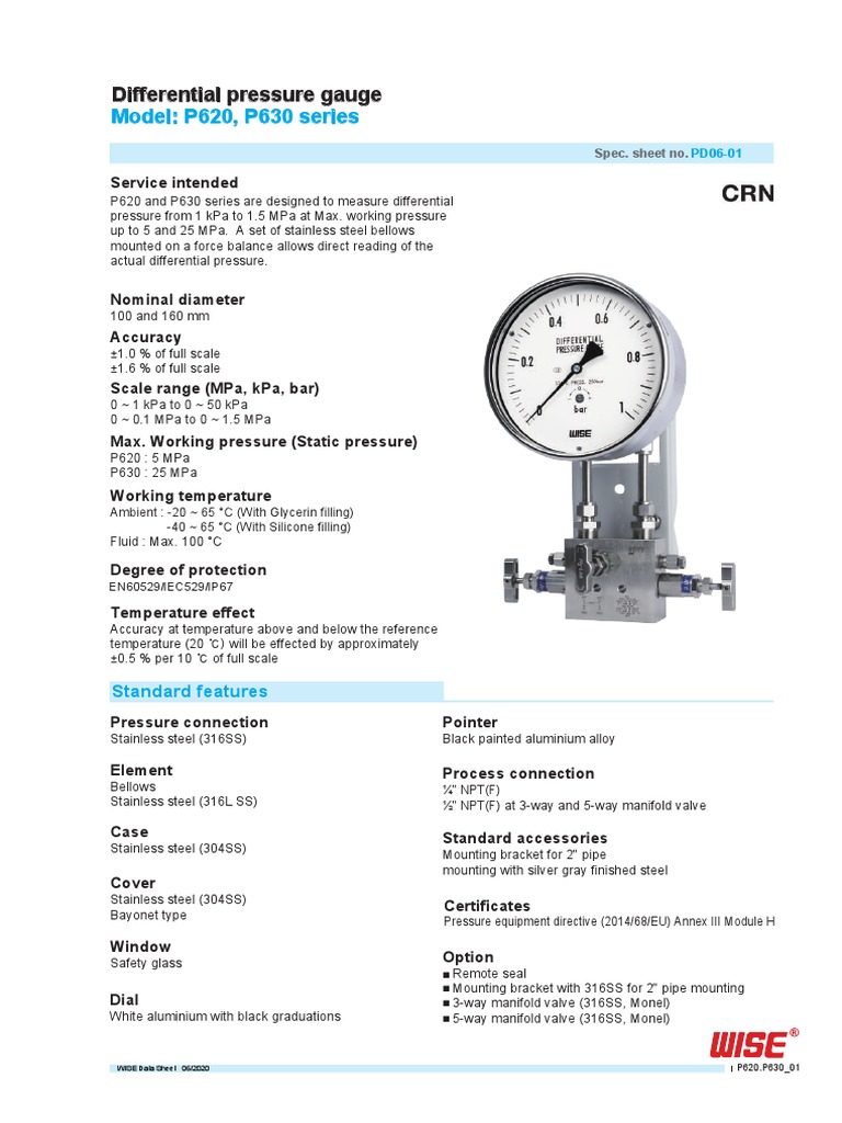 Model P620, P630 Series Differential Pressure Gauge PDF Pressure