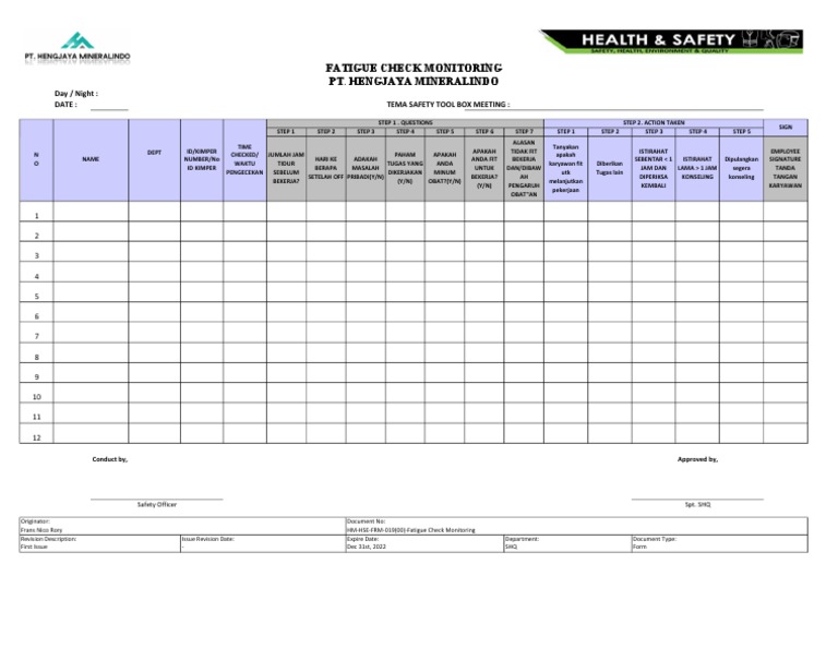HM-HSE-FRM-019 (00) - Fatigue Check Monitoringrevisi | PDF