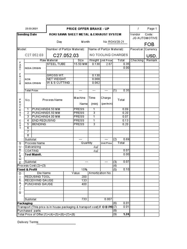 Process Cost Breakdown and Price Offer for Automotive Brake Parts | PDF ...
