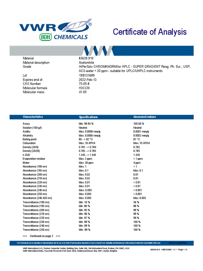Certificate of Analysis for Acetonitrile Lot 19B131689 PDF High