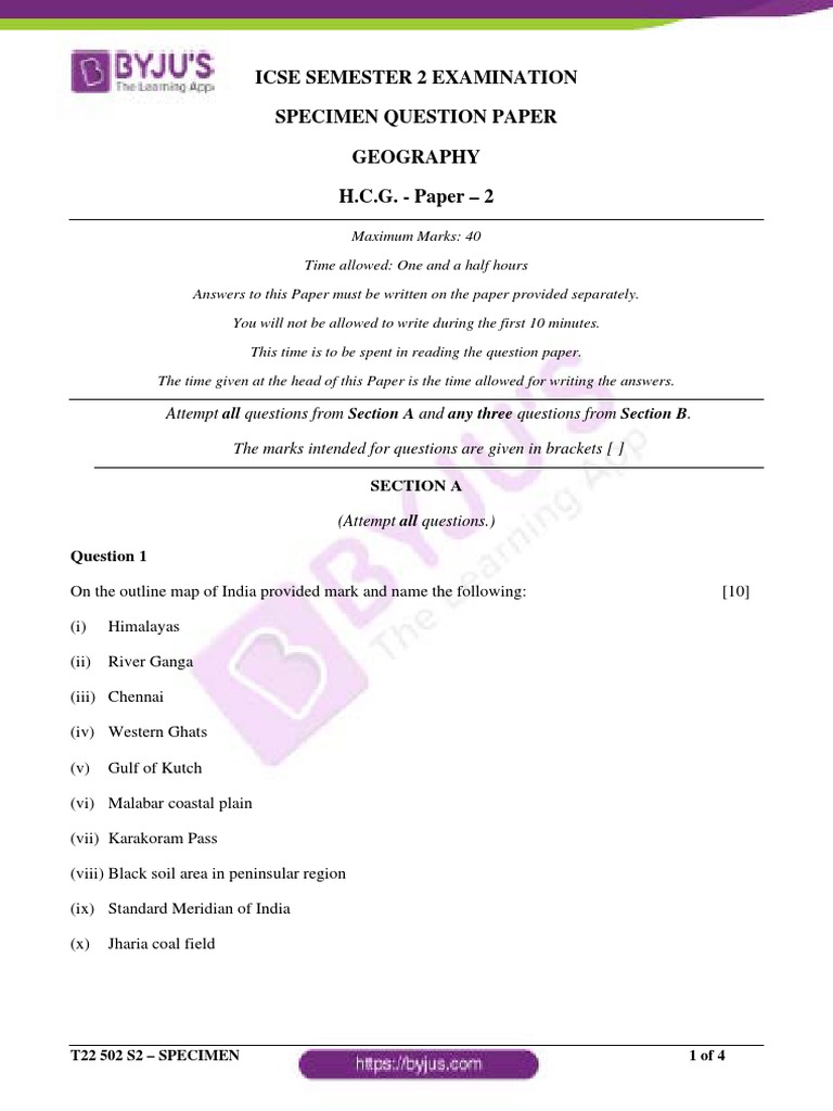 ICSE Class 10 Geography Semester 2 Sample Paper 2022 PDF