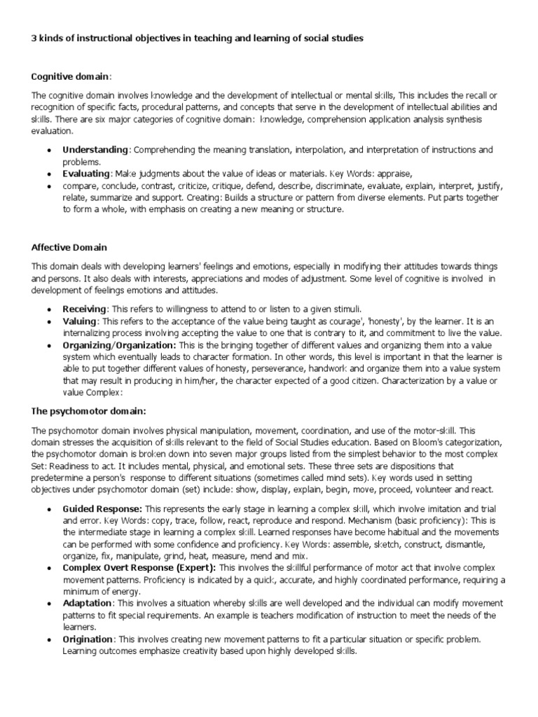 Instructional Objectives In Teaching And Learning Of Social Studies 