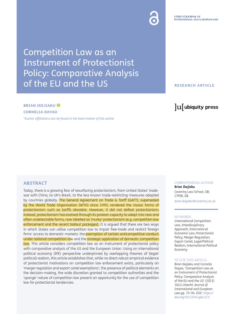 Ikejiaku and Dayao - Competition Law As Instrument of Protectionist ...
