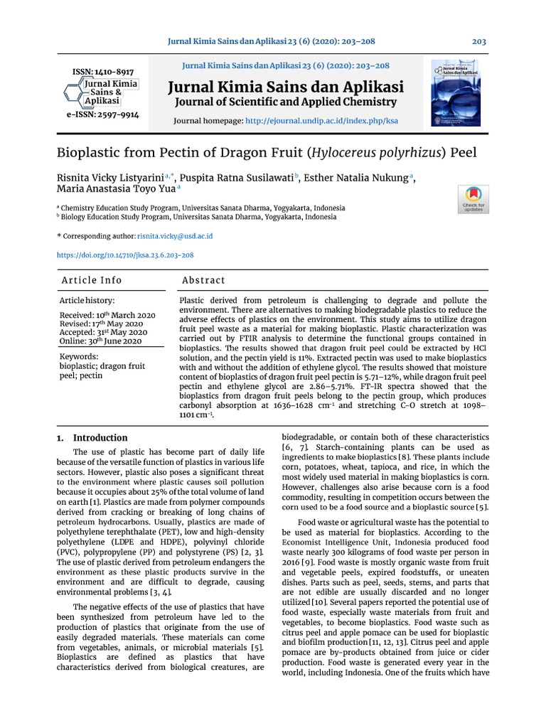 Bioplastic From Pectin of Dragon Fruit Hylocereus PDF Plastic Polyethylene