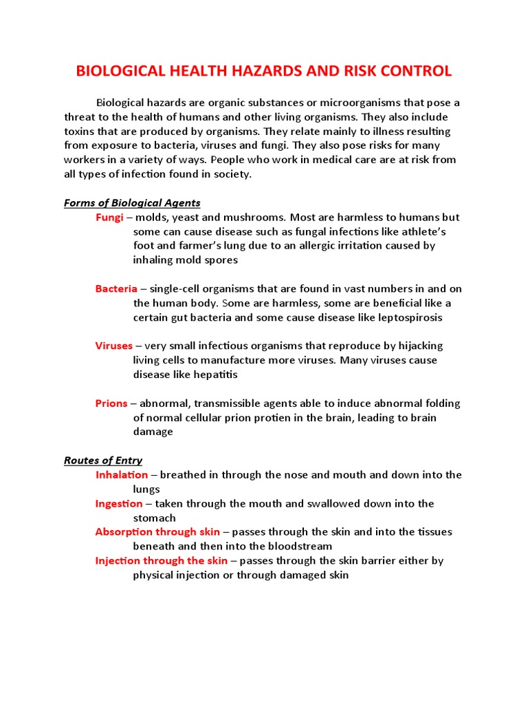 Biological Health Hazards Overview | PDF | Infection | Virus