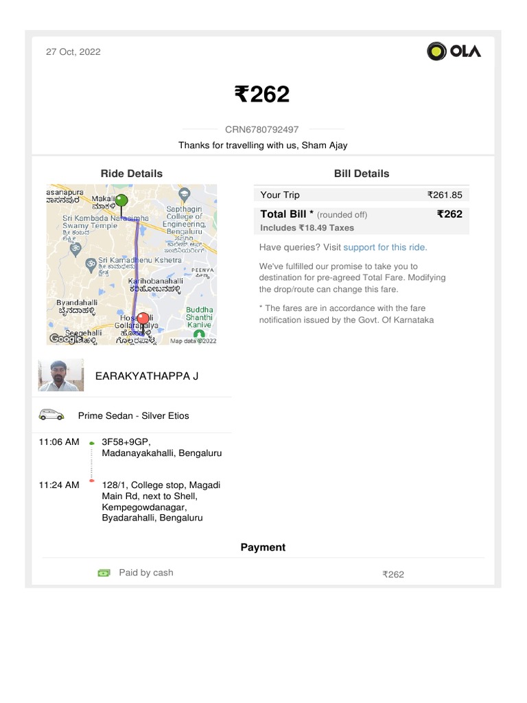 Ola Bill PDF Invoice Payments