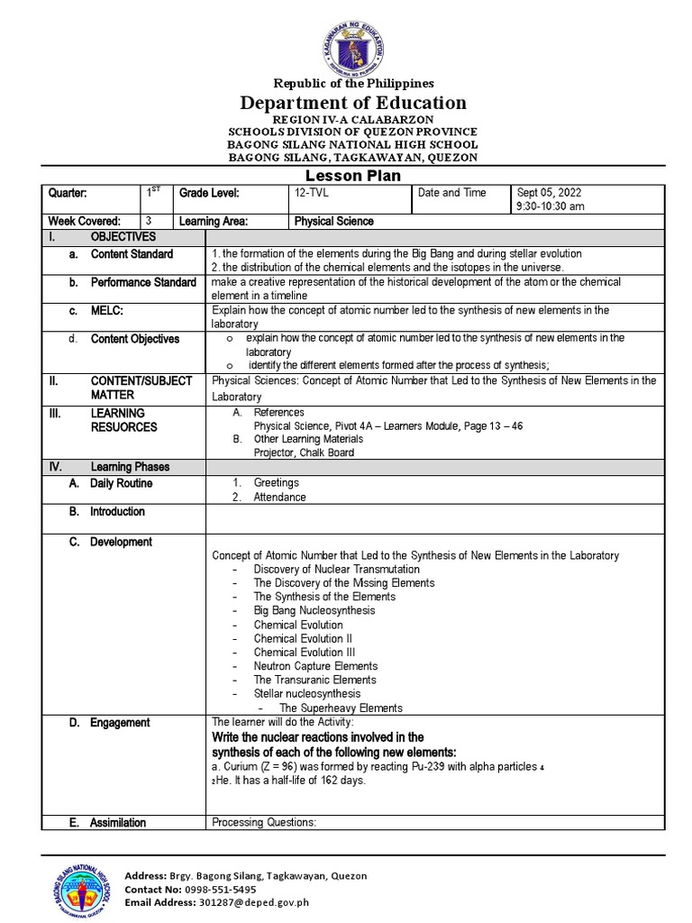 Physical Science Week 3 Day 1 Pdf Chemical Elements Atoms