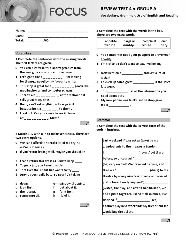 Focus2 2E Review Test 4 Units1 8 Vocabulary Grammar UoE Reading GroupA ...