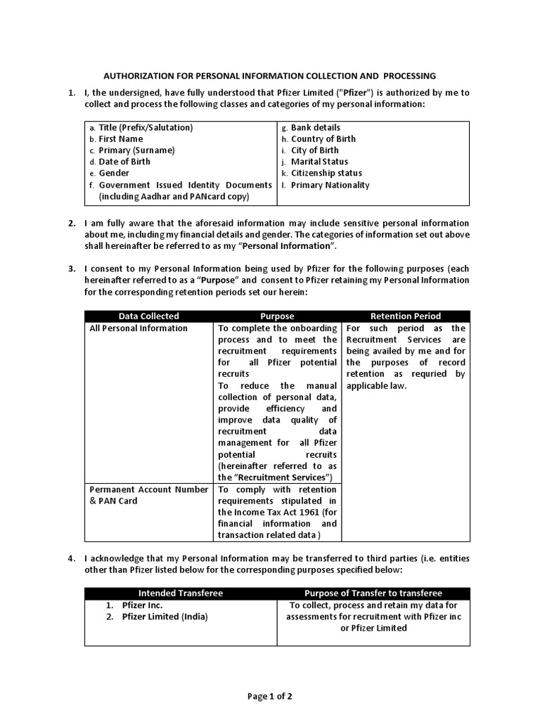 Pfizer Pre-Hire SPDI Consent Format - Pfizer Limited | PDF 