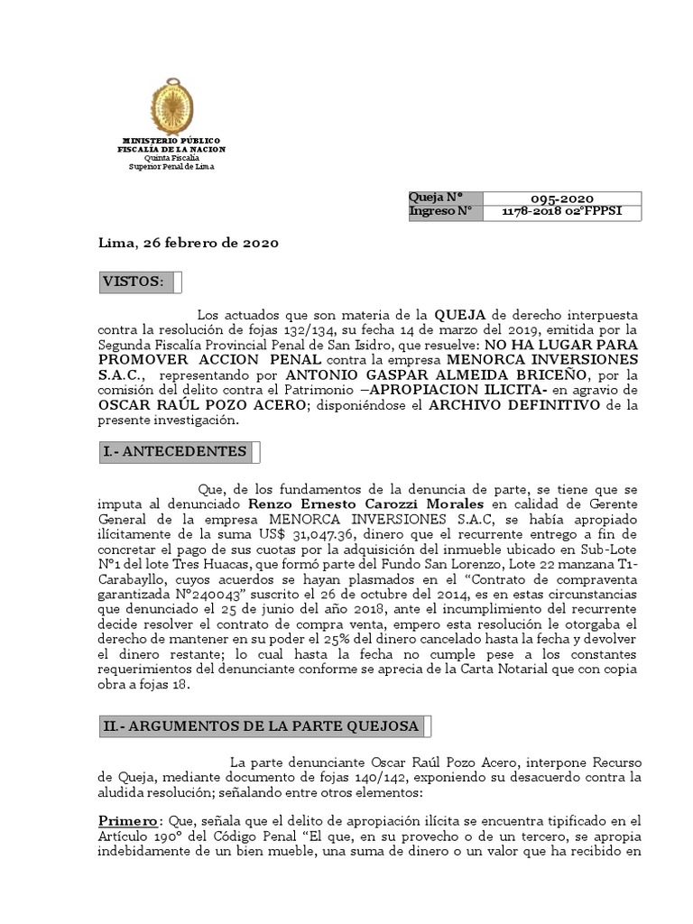 Queja 095-2020 - Apropiacion Ilicita MENORCA SN | PDF | Derecho penal ...