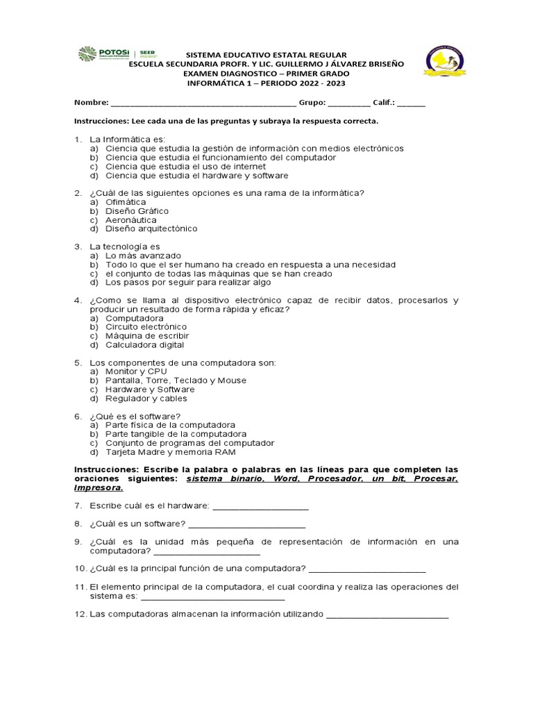 Examen Diagnóstico de Informática 1 | PDF | Hardware de la computadora ...