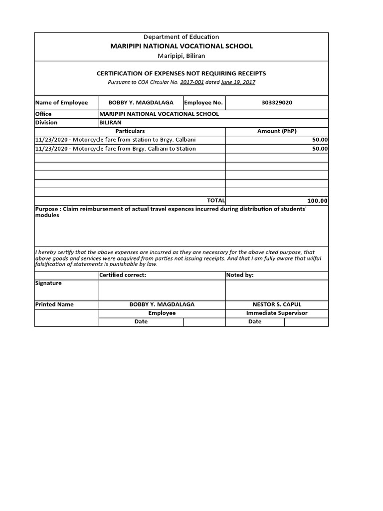 Cert of Expenses Not Requiring Receipts Tacloban | PDF | Expense ...