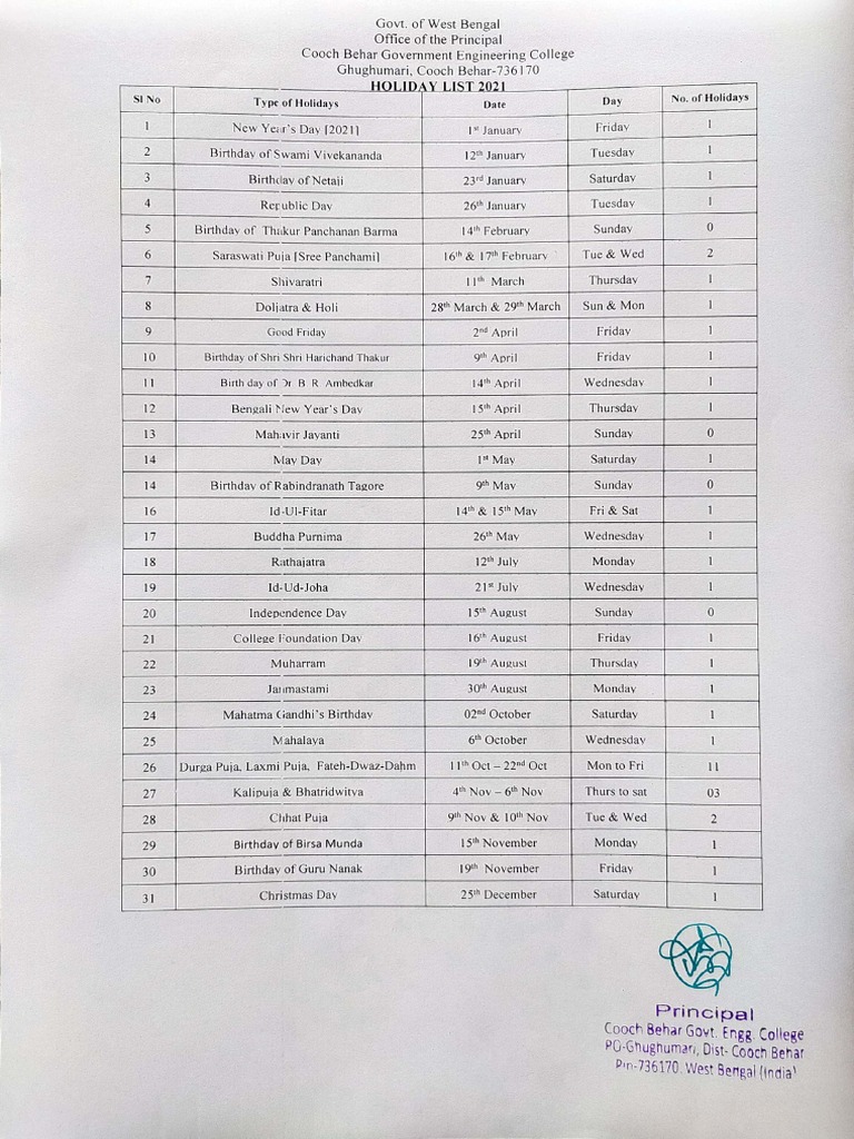 Holiday List 2021 Cgec PDF