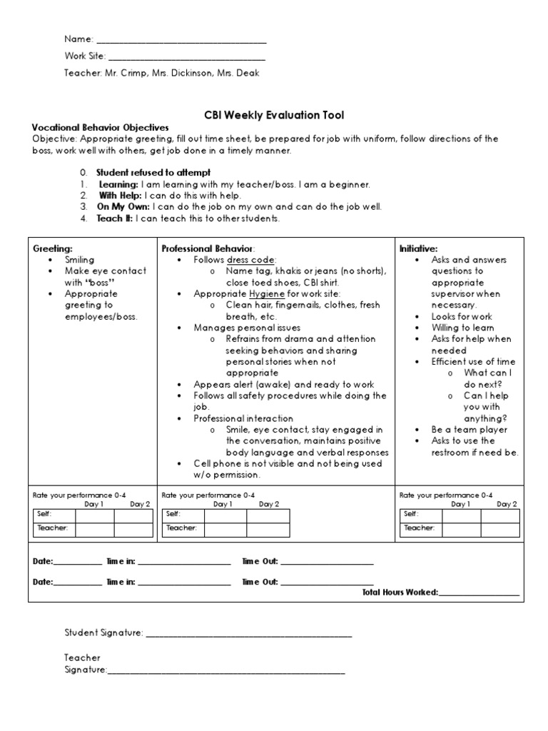 Cbi Weekly Evaluation Tool | PDF | Teachers | Cognition