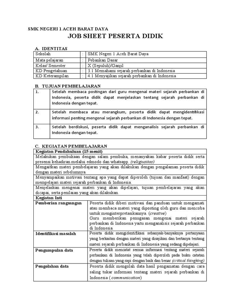 Job Sheet Perbankan Dasar Pdf Karier Perkembangan Seni