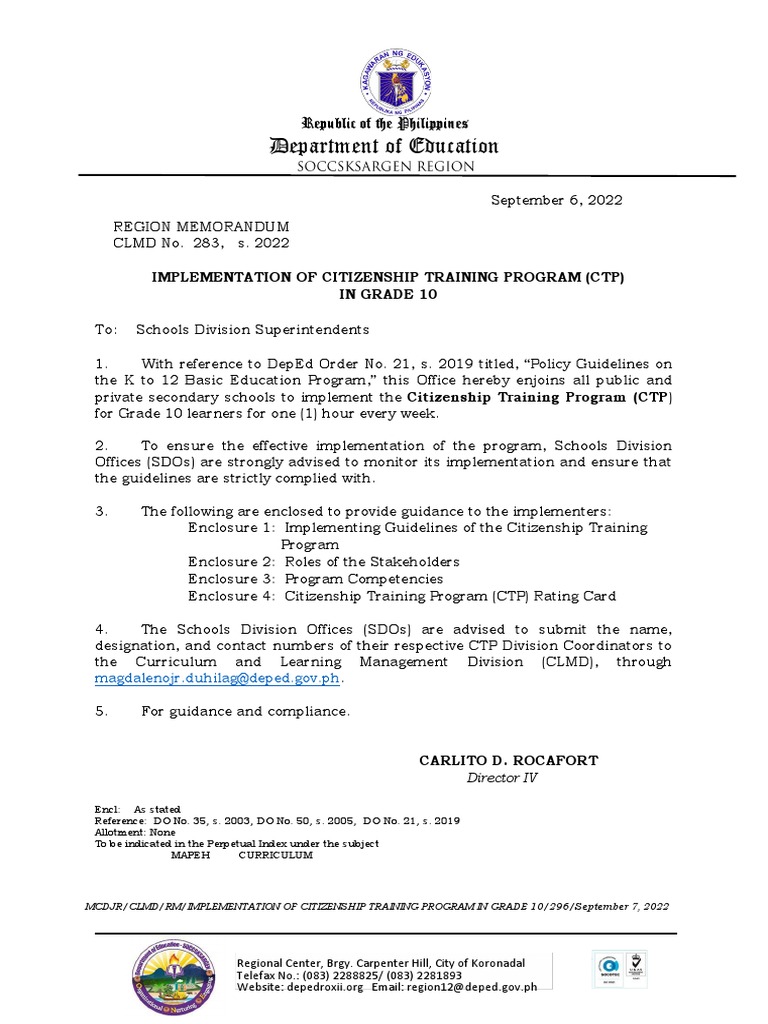 Grade 10 Citizenship Training Program | PDF | Emergency Management ...