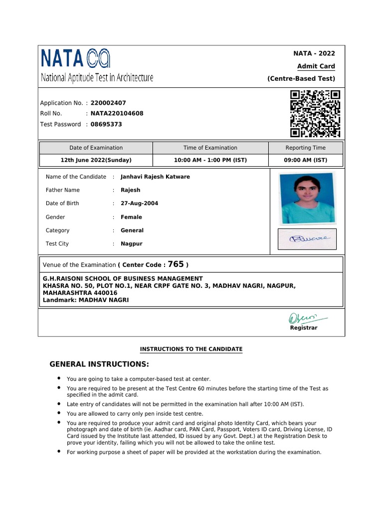 Nata Admit Card PDF Identity Document Computing