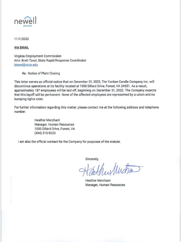Closing Notice For Newell Brands (Yankee Candle Co. Inc.) in Forest, VA