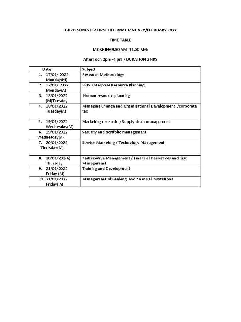 First Internal s3 Time Table | PDF