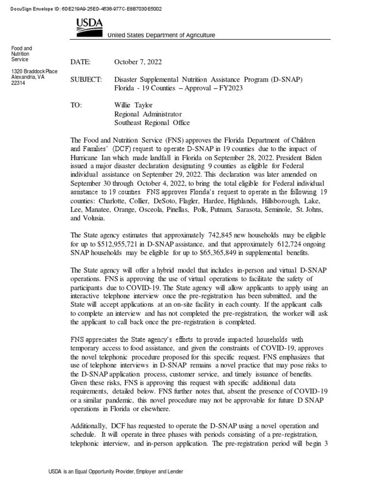2022.10 USDA FLHurricane Ian DSNAP 19 Counties Approval FY2023 PDF