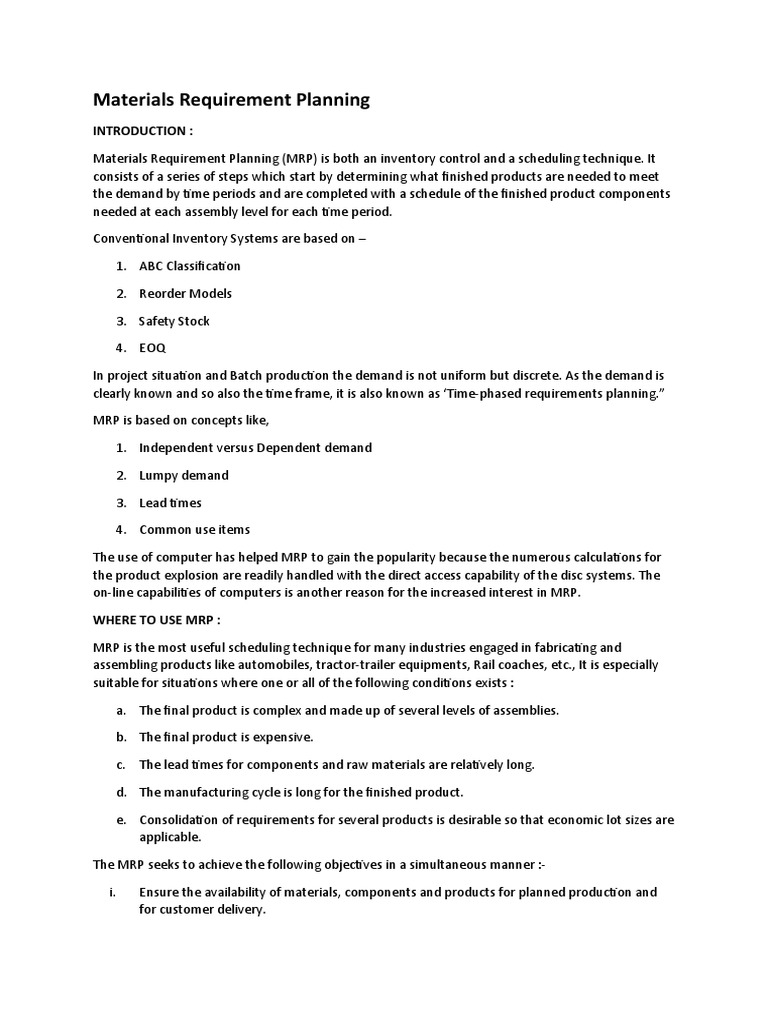 Materials Requirement Planning | PDF | Economies | Business Economics