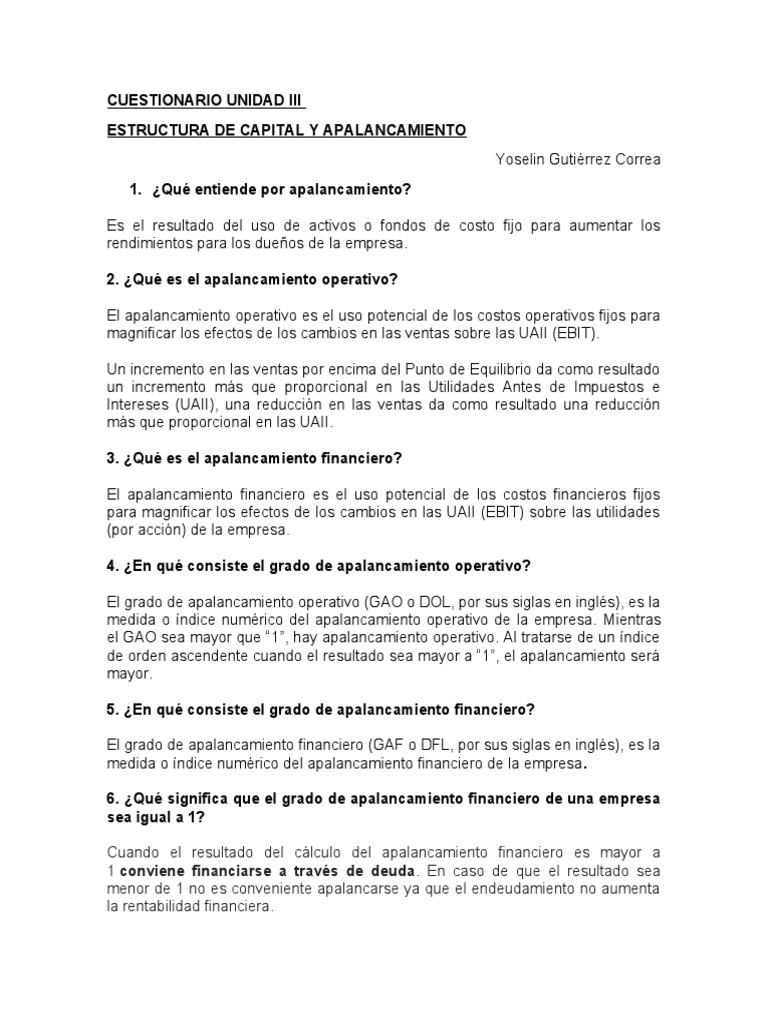 Estructura de Capital y Apalancamiento | PDF | Apalancamiento (Finanzas ...