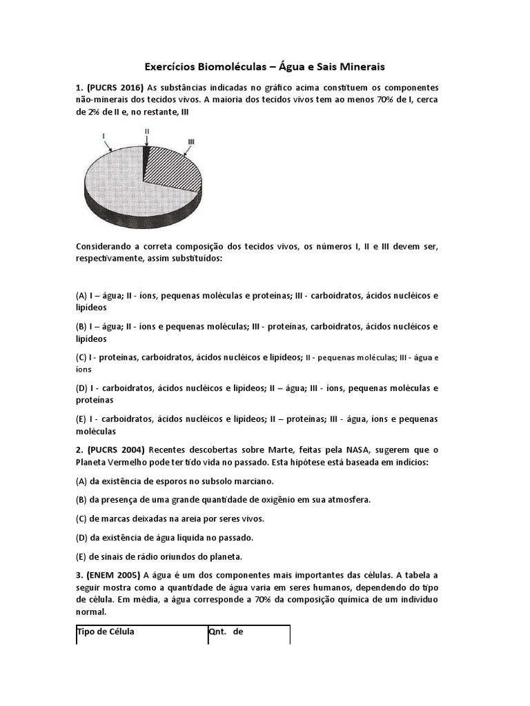 Exercícios sobre Água e Sais Minerais | PDF | Água | Corpo humano