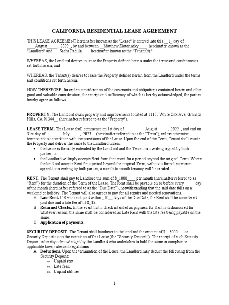 Standard California Residential Lease Agreement Template | Download ...