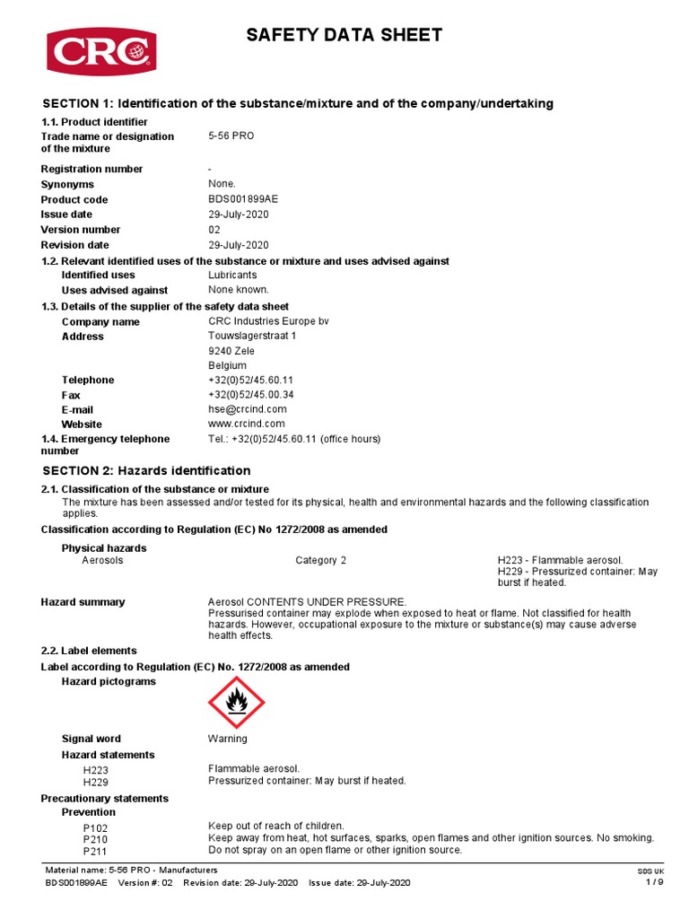Safety Data Sheet SECTION 1 Identification of The Substance/mixture