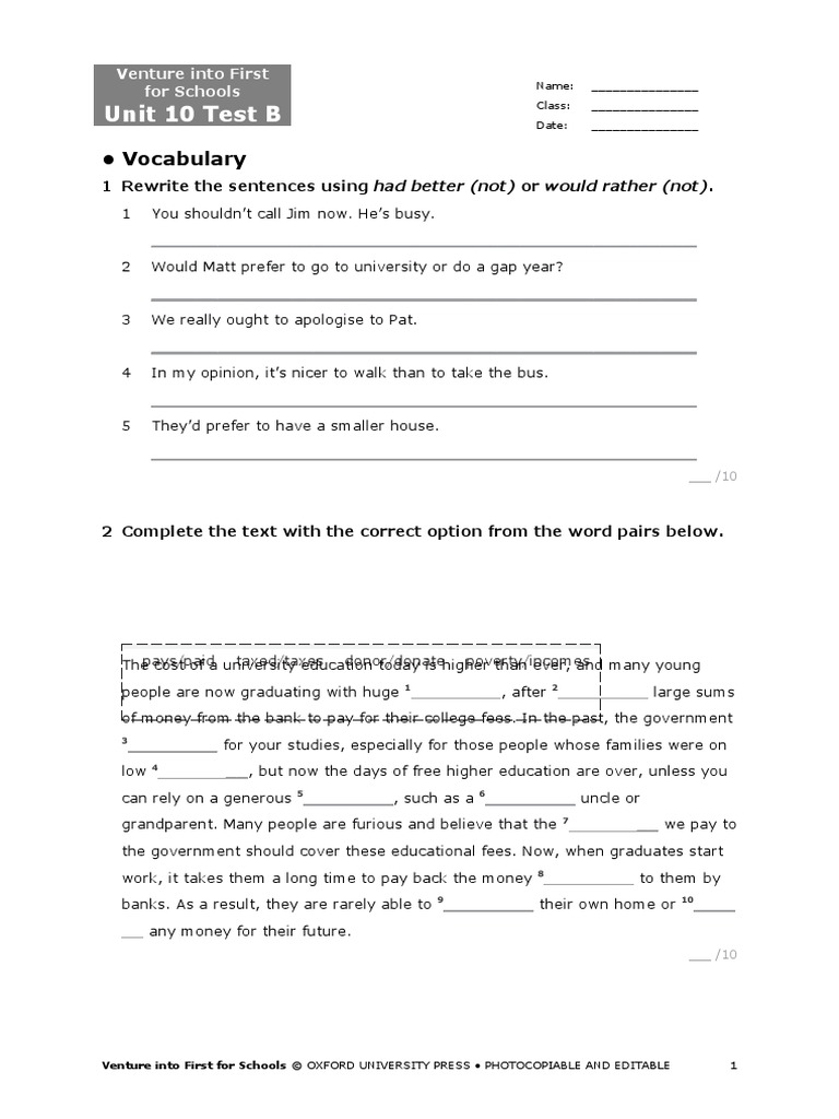 Venture First Schools Unit Test 10b | PDF