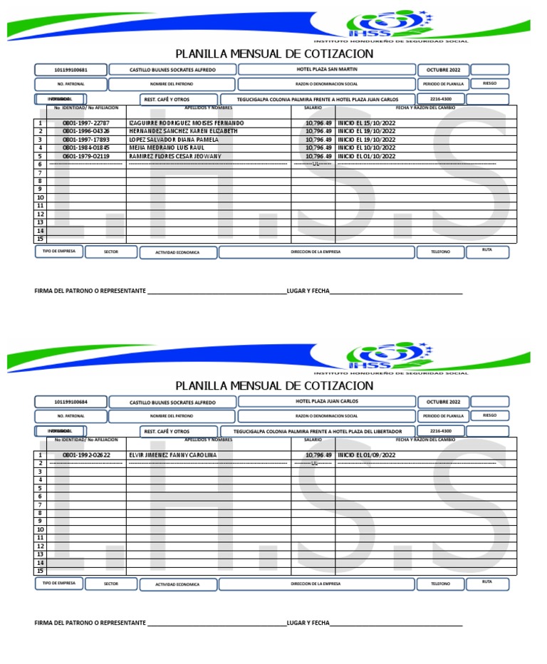 Formato Altas Planilla Mensual de Cotizacion Ihss PDF