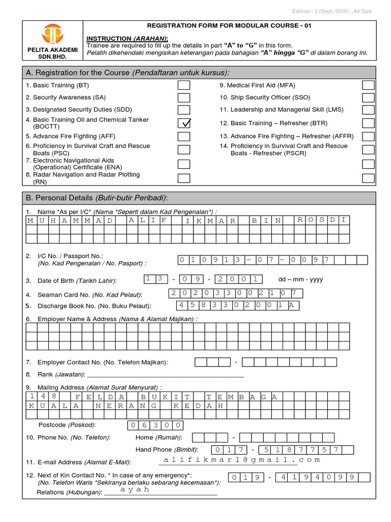 Registration Form Modular A4 Pdf