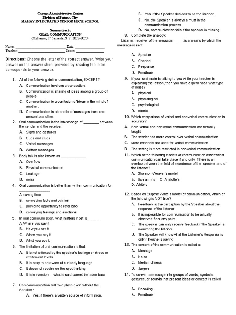 Periodical Test in Oral COmmunication PDF Communication Nonverbal