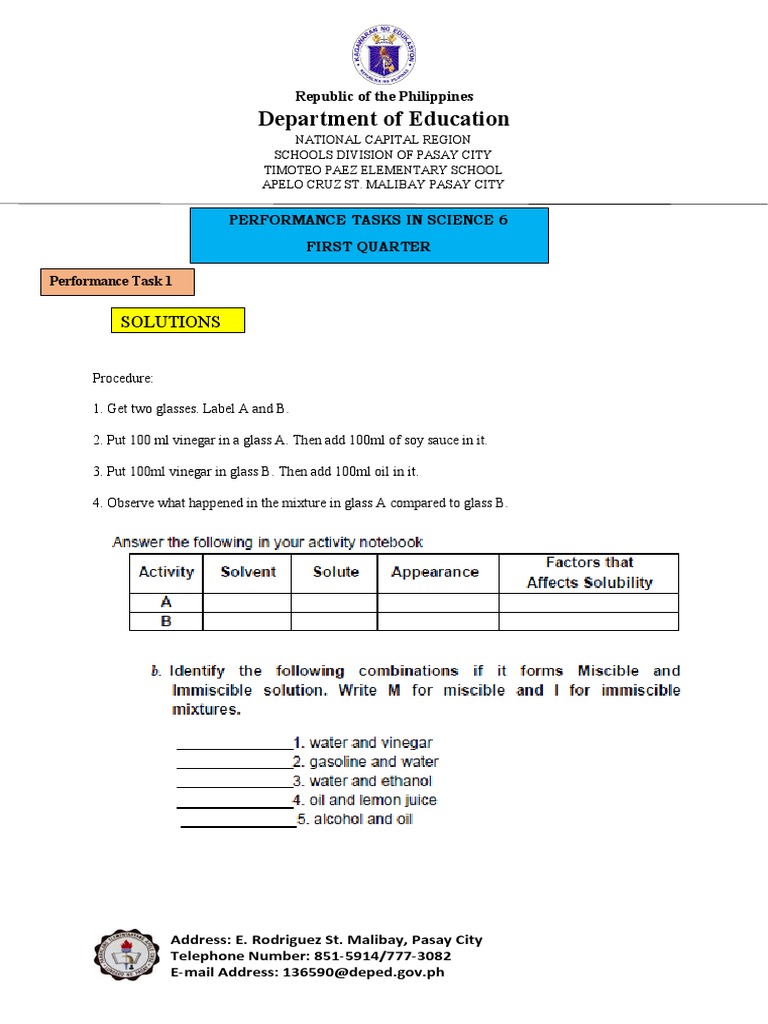 Quarter 1 Performance Task In Science Pdf Mixture Physical Chemistry