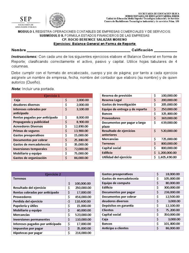 Ejercicios Balance General en Forma de Reporte | PDF | Contabilidad ...