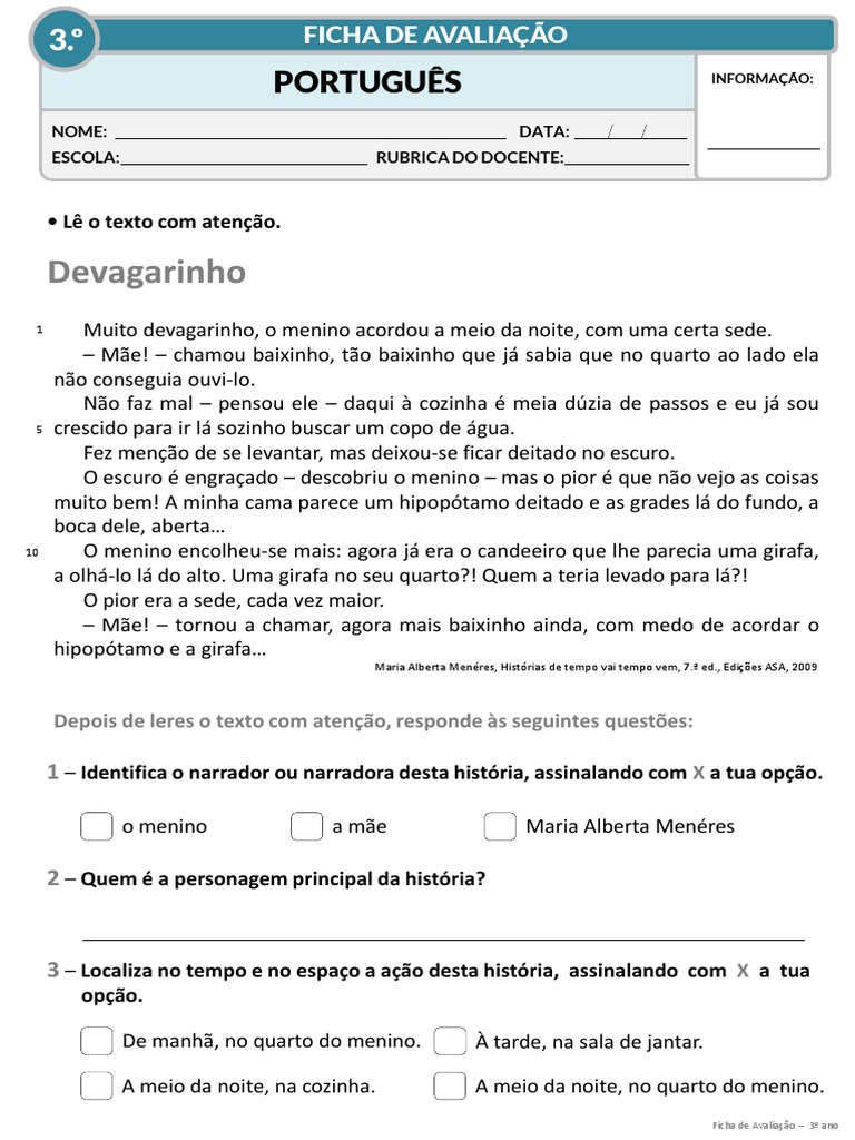 Avaliação de Leitura: 3º Ano | PDF