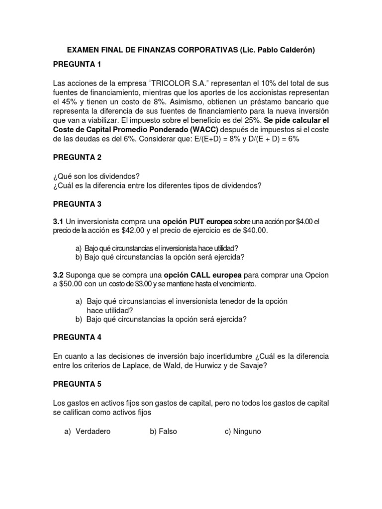 Examen Final de Finanzas Corporativas | PDF | Compartir (Finanzas ...